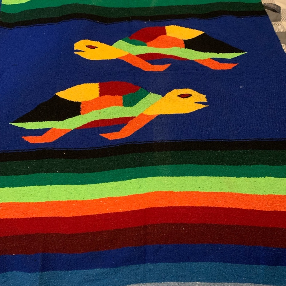 Blue Mexican Blanket Yoga Mat Rainbow Sea Turtle Style Serape Pride XL Throw.